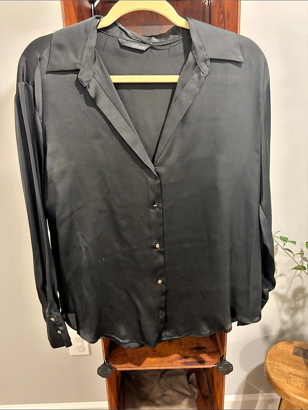 Zara Gold Button Satin Shirt Black Blouse Size Medium